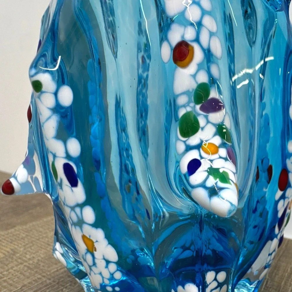Vintage Murano Style Hand Blown Art Glass Spire Vase - Blue Confetti Murrine, 9